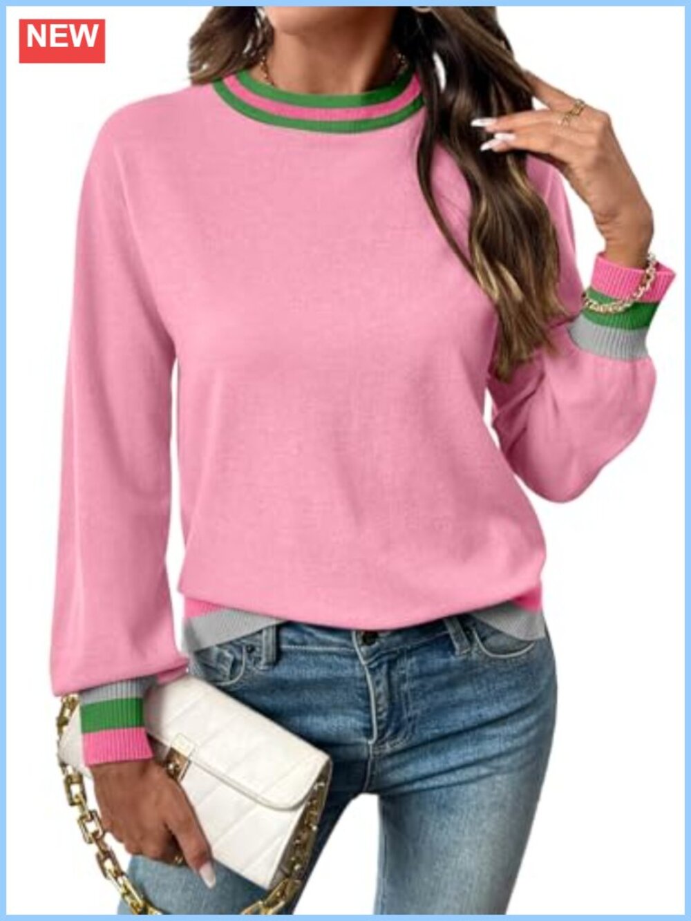 SHEWIN Womens Crew Neck Long Sleeve Color Block Sweater Pullover
